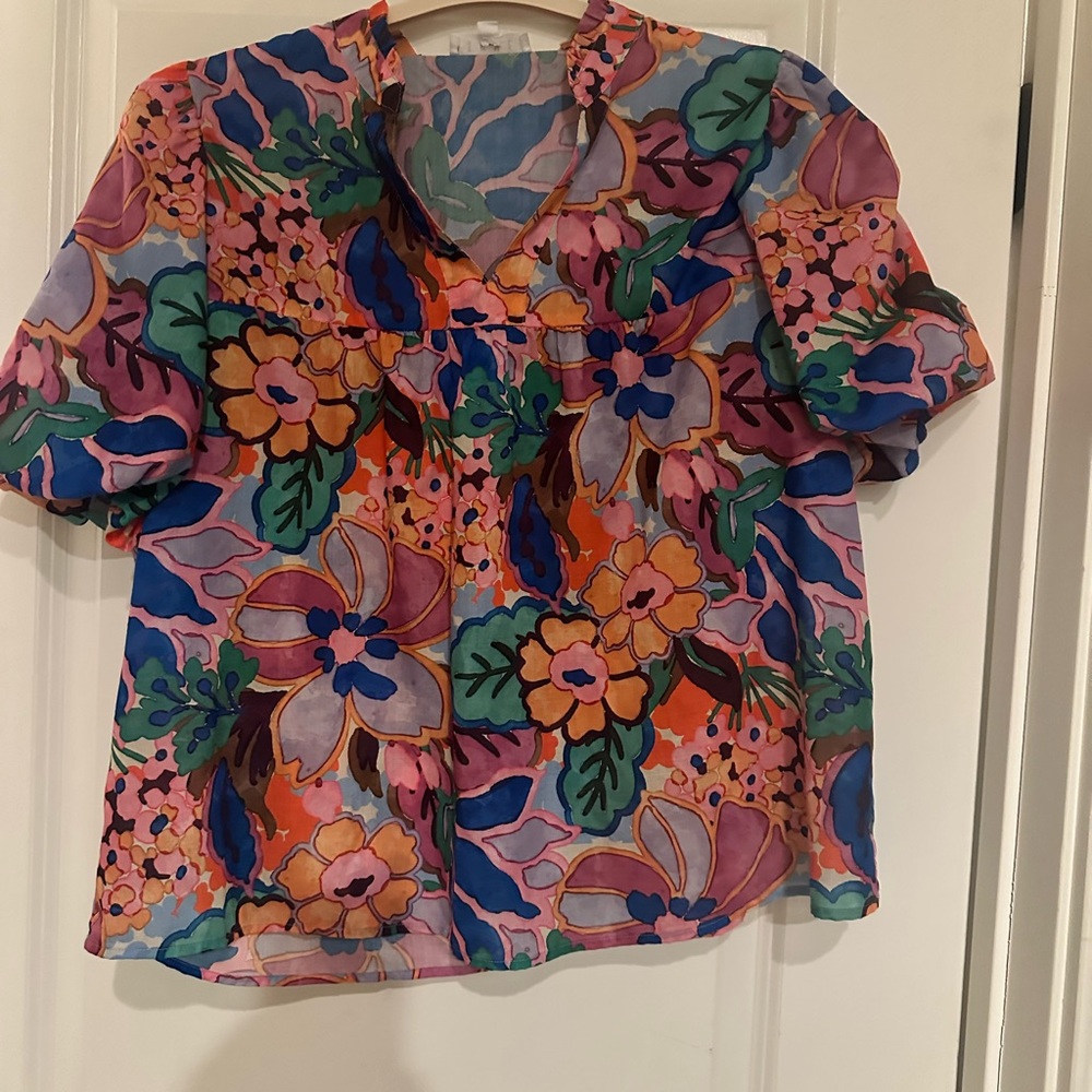 THML Multicolor Floral V-Neck Puff Sleeve Blouse
